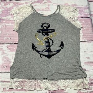 Gray Lace Sleeve Anchor Top